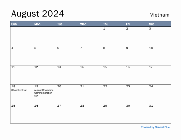 August 2024 Simple Monthly Calendar for Vietnam