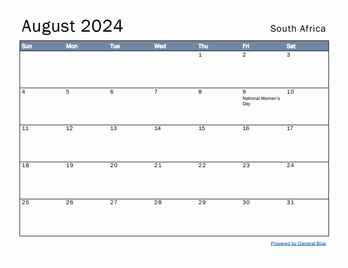 August 2024 Simple Monthly Calendar for South Africa