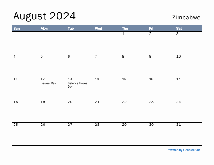 August 2024 Simple Monthly Calendar for Zimbabwe