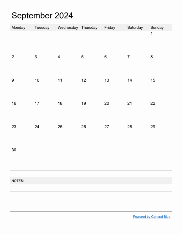 Basic Monthly Calendar Template for September 2024