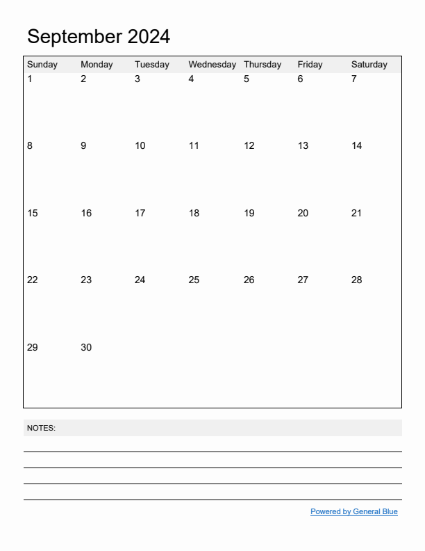 Basic Monthly Calendar Template for September 2024