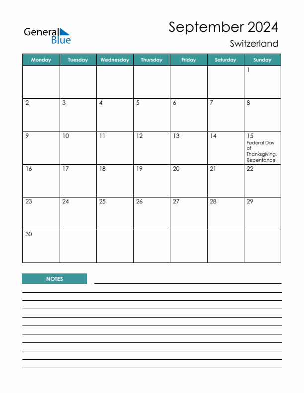 Calendar with Notes Printable - Monday Start