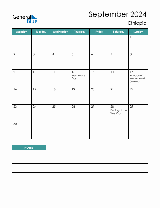 Calendar with Notes Printable - Monday Start