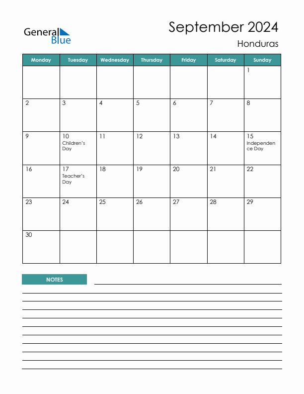 Calendar with Notes Printable - Monday Start