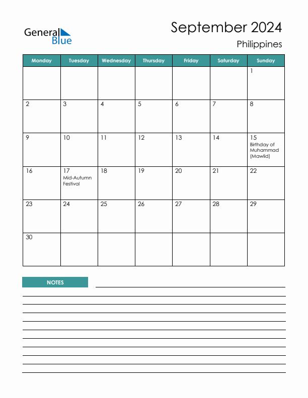 Calendar with Notes Printable - Monday Start