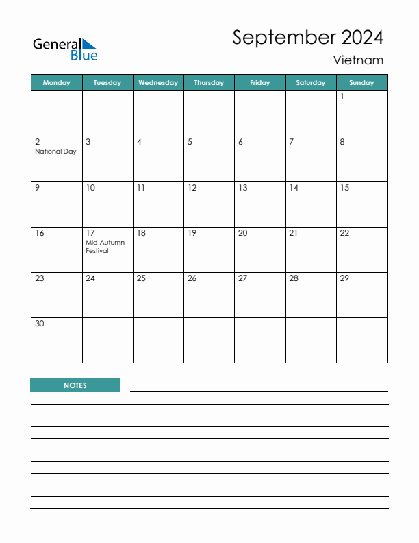 Calendar with Notes Printable - Monday Start