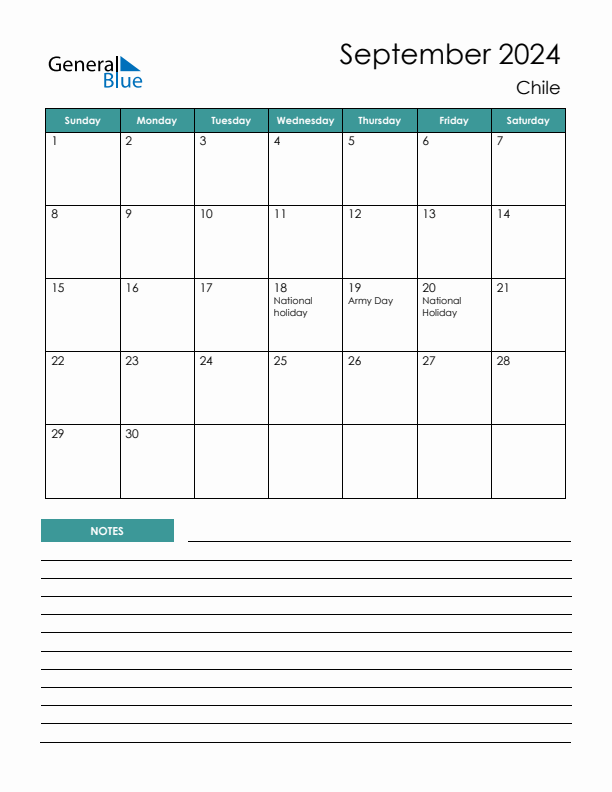 Calendar with Notes Printable - Sunday Start