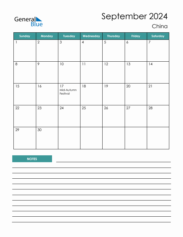 Calendar with Notes Printable - Sunday Start