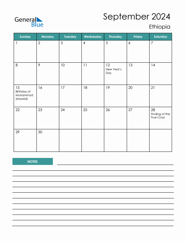 Calendar with Notes Printable - Sunday Start