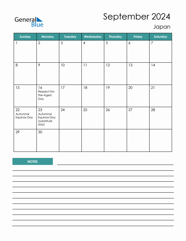 Calendar with Notes Printable - Sunday Start