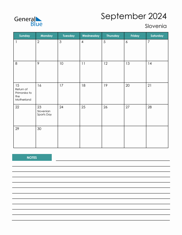 Calendar with Notes Printable - Sunday Start