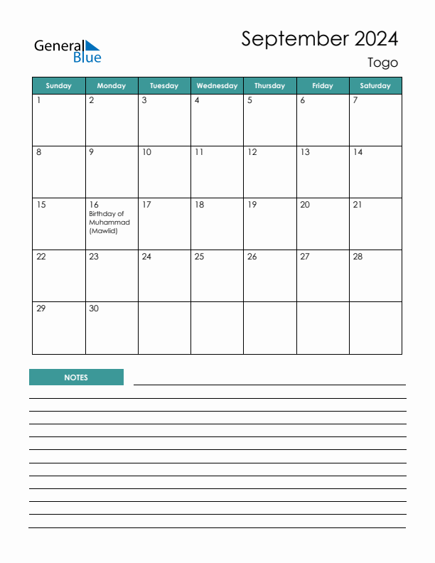 Calendar with Notes Printable - Sunday Start