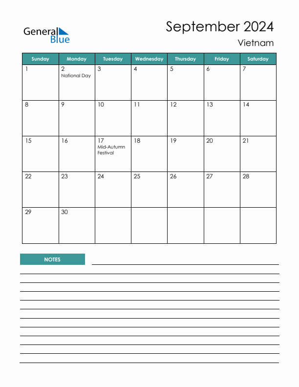 Calendar with Notes Printable - Sunday Start