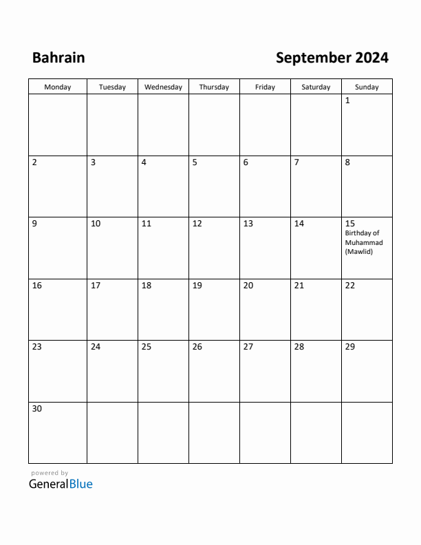 September 2024 Calendar with Bahrain Holidays