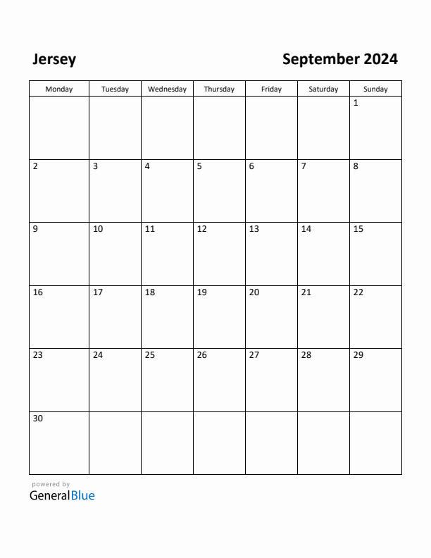 September 2024 Calendar with Jersey Holidays