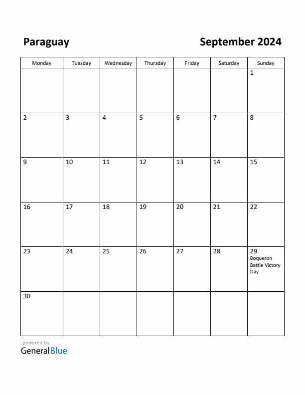 September 2024 Calendar with Paraguay Holidays