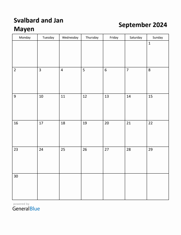 September 2024 Calendar with Svalbard and Jan Mayen Holidays