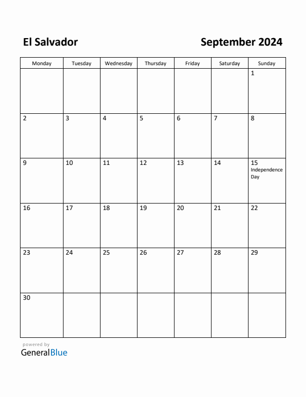 September 2024 Calendar with El Salvador Holidays