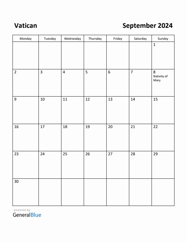 September 2024 Calendar with Vatican Holidays