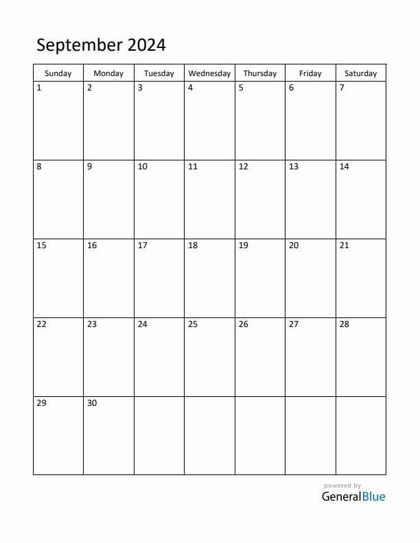 Sunday Start Calendar for September 2024