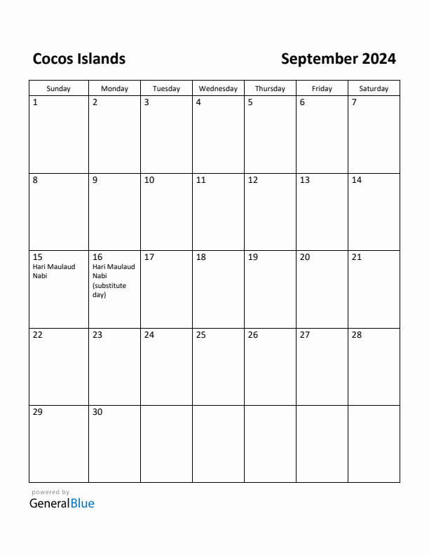 September 2024 Calendar with Cocos Islands Holidays