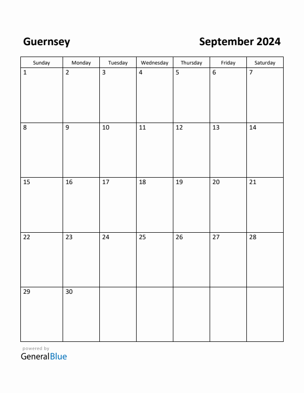 September 2024 Calendar with Guernsey Holidays