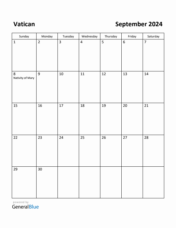 September 2024 Calendar with Vatican Holidays