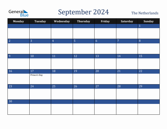 September 2024 The Netherlands Calendar (Monday Start)