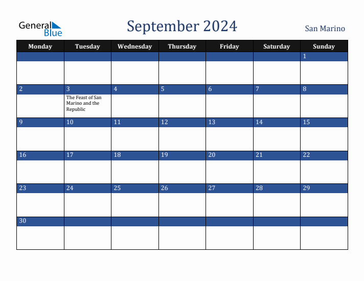 September 2024 San Marino Calendar (Monday Start)