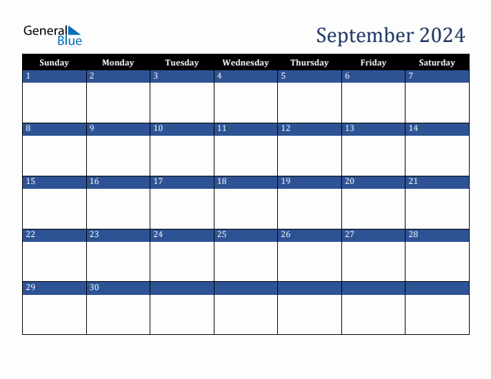 Sunday Start Calendar for September 2024