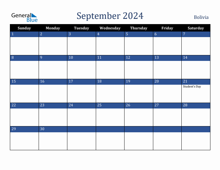 September 2024 Bolivia Calendar (Sunday Start)