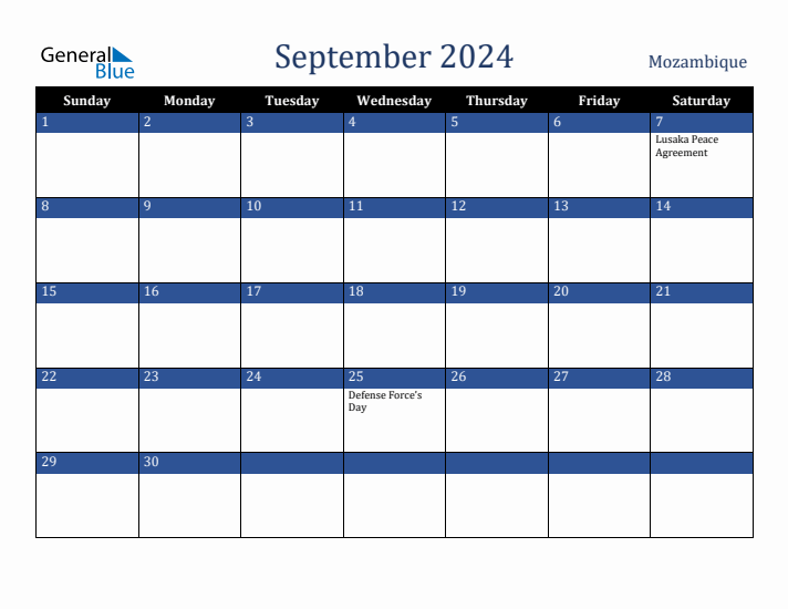 September 2024 Mozambique Calendar (Sunday Start)