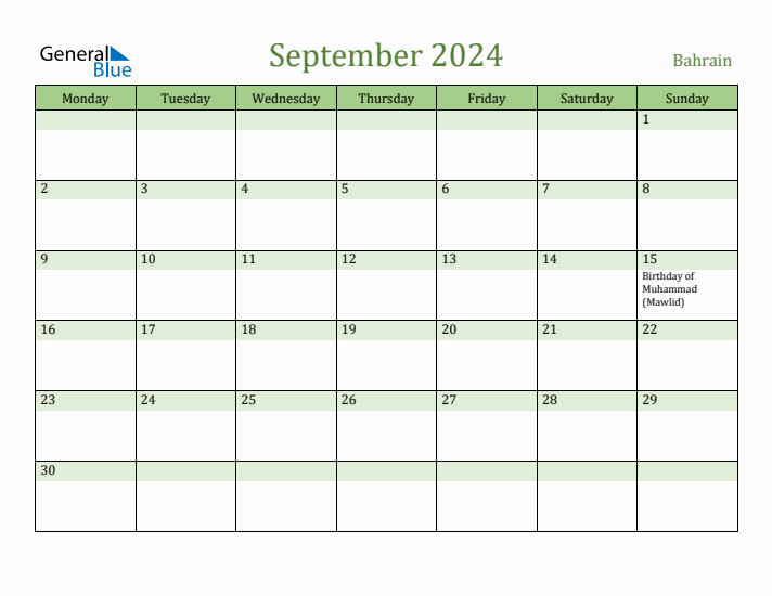 September 2024 Calendar with Bahrain Holidays