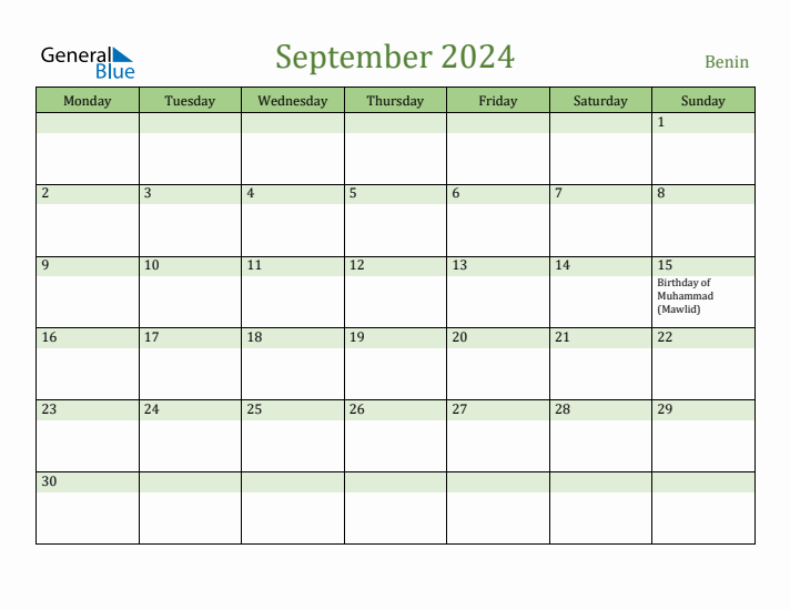 September 2024 Calendar with Benin Holidays