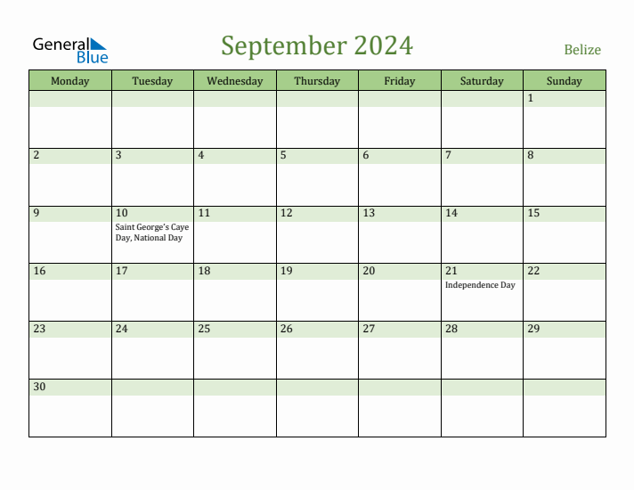 September 2024 Calendar with Belize Holidays