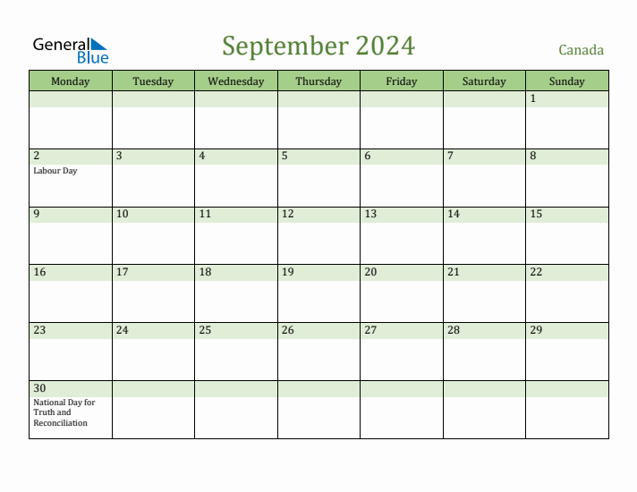 September 2024 Calendar with Canada Holidays