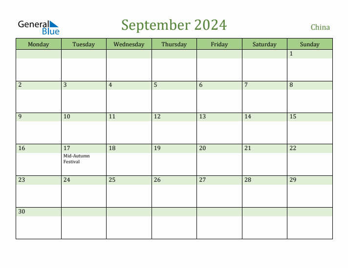 September 2024 Calendar with China Holidays