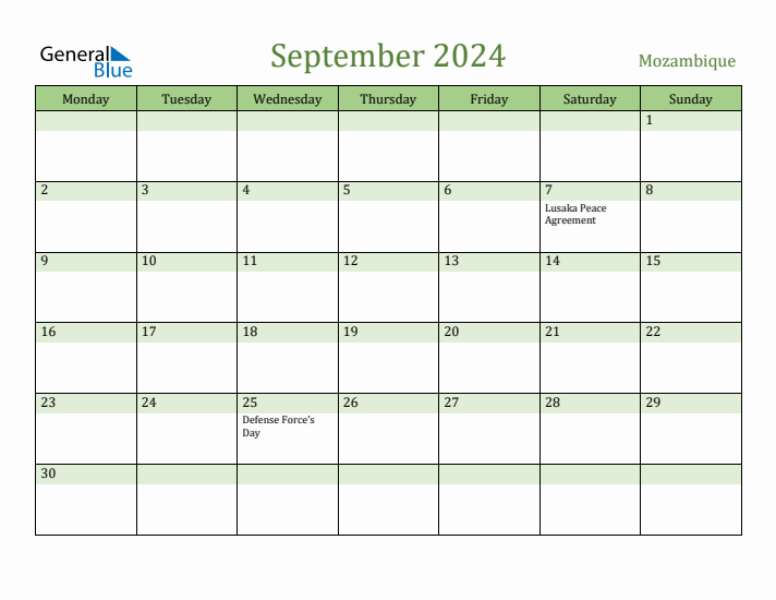 September 2024 Calendar with Mozambique Holidays