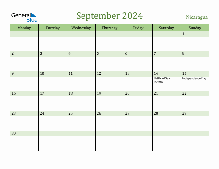 September 2024 Calendar with Nicaragua Holidays