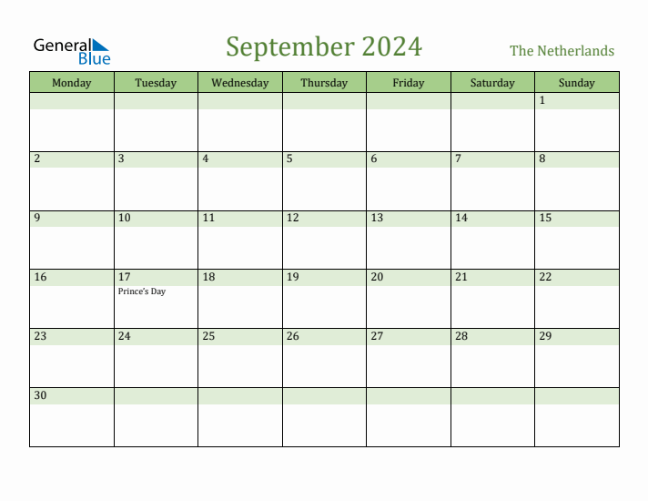 September 2024 Calendar with The Netherlands Holidays