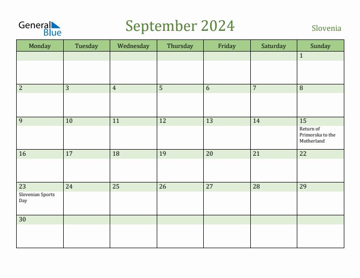 September 2024 Calendar with Slovenia Holidays