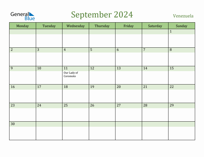 September 2024 Calendar with Venezuela Holidays