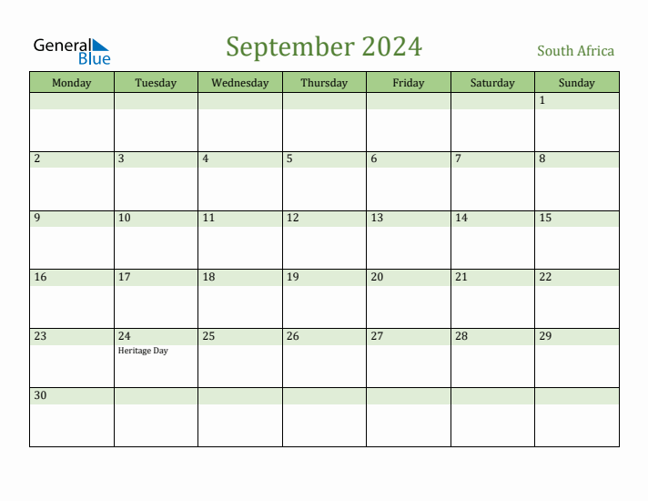 September 2024 Calendar with South Africa Holidays