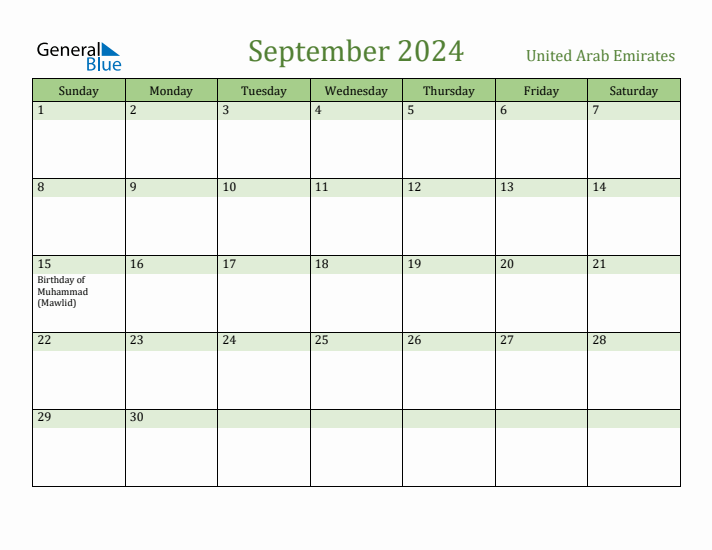 September 2024 Calendar with United Arab Emirates Holidays