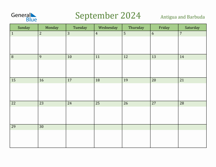 September 2024 Calendar with Antigua and Barbuda Holidays