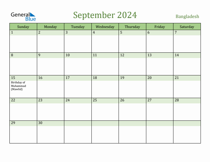 September 2024 Calendar with Bangladesh Holidays