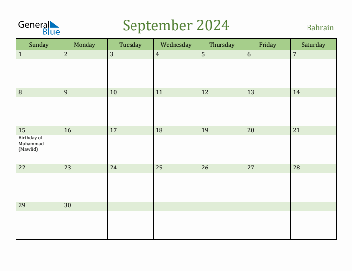 September 2024 Calendar with Bahrain Holidays