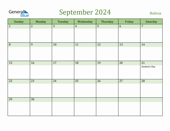 September 2024 Calendar with Bolivia Holidays