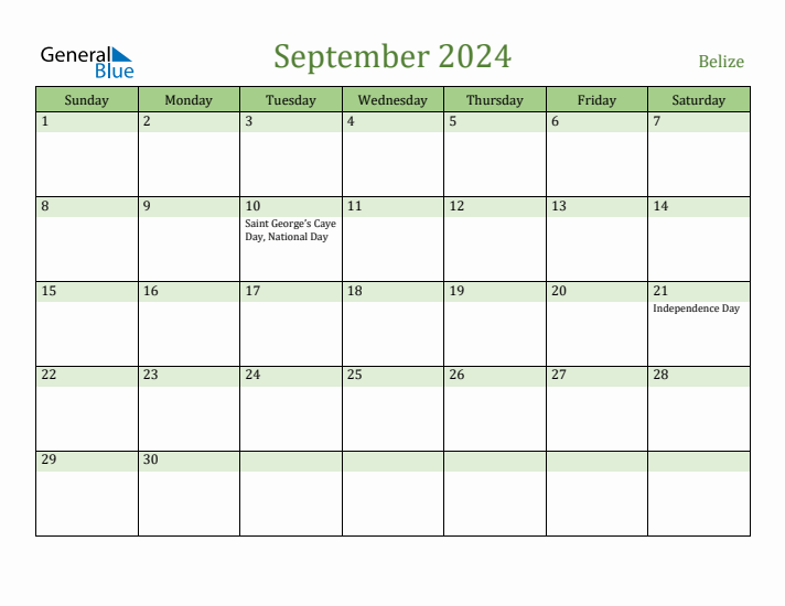 September 2024 Calendar with Belize Holidays