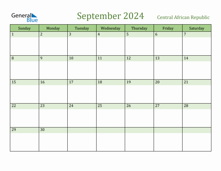 September 2024 Calendar with Central African Republic Holidays